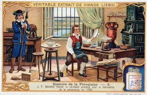 Storia della porcellana: Johann Friedrich Böttger (Böttcher o Böttiger) (1682-1719) scopre il vero metodo per fare la porcellana nel 1709 - Cromolitografia Liebig