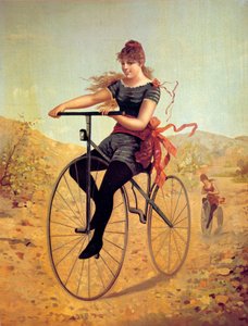 Storia della bicicletta: velocipedista o una donna che pedala su una bicicletta. Stampe del XIX secolo
