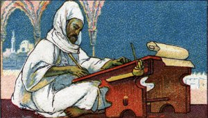 Storia della scrittura: uno scriba musulmano che scrive in arabo, inizio del XX secolo (cromo)