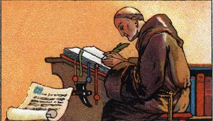 Storia della scrittura: un monaco copista che copia manoscritti nel Medioevo, inizio del XX secolo (cromo)