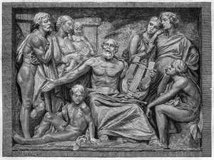 Omero che canta con la sua lira in una città della Ionia. Incisione dal bassorilievo di Mr. Hugues, gran premio di scultura del concorso scolastico del 1875 da Unknown artist