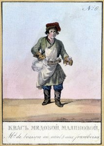 Venditore di bevande al miele e lampone in Russia nel XIX secolo. Illustrazione del XIX secolo da Unknown artist