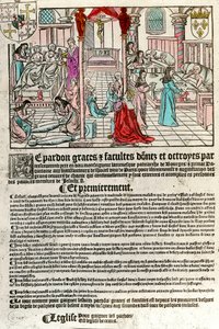 Ospedale nel XVI secolo: Lettera di indulgenza (Destra: scena di ospedale. Sinistra: morenti e morti). Incisione del XVI secolo. Collezione privata. da Unknown artist