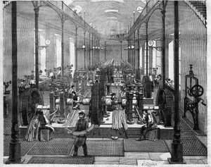 Hotel de la Monnaie a Parigi: vista del laboratorio di laminazione e taglio dove verranno fabbricate le nuove monete da venticinque franchi note come "imperatori" - Incisione in "Le Journal Illustré" da Unknown artist