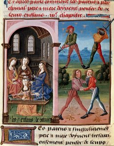 Come i genitori dovrebbero pensare ai loro figli; i figli di Ottaviano imparano la cavalleria e il lavoro della lana. Miniatura tratta dal Libro delle buone maniere di Jacques Legrand da Unknown artist