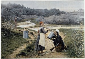 Cacciatore e ragazza alla fontana (Russia) - fotografia, fine XIX secolo