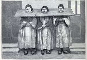 Caccia in Cina: il cangue, un apparato di tormento (una sorta di gogna) applicato alle madri infanticide. Incisione in "La Nature" da Unknown artist