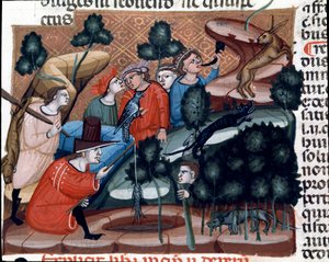 Scene di caccia. Miniatura tratta dal Codice di Giustiniano, una raccolta di leggi e istituzioni pubblicate sotto l