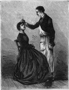 Fenomeni di ipnotismo: ipnotismo prodotto fissando un portamatite posto tra gli occhi. Incisione del 1881. da Unknown artist