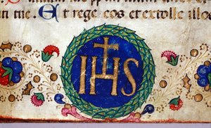 IHS simbolo cristiano il cui significato è Gesù. Manoscritto del XV secolo