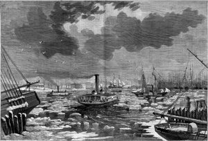 Disgelo a New York, Stati Uniti, visto dal fiume East. Incisione in 