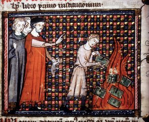 Iconoclasti che gettano manoscritti miniati nel fuoco. Manoscritto del XIV secolo