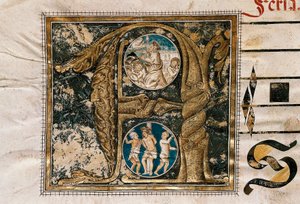 Lettera miniata della predicazione di Gesù davanti agli apostoli e la flagellazione, tratta da un manoscritto di canti liturgici da Unknown artist