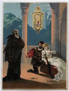 Illustrazione di "Ernani" del compositore italiano Giuseppe Verdi (1813 - 1901), atto 5, scena VI opera creata nel 1844 dopo la tragedia "Hernani" di Victor Hugo. Cromolitografia della fine del XIX secolo