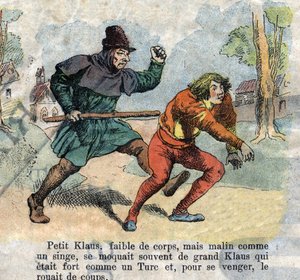 Illustrazione della fine del XIX secolo per la fiaba di Hans Christian Andersen "Il grande Claus e il piccolo Claus". Collezione privata.