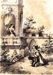 Illustrazione della canzone “Il re ha fatto battere il tamburo”: un uomo dichiara il suo amore a una donna alla sua finestra da Unknown artist