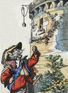 Illustrazione del racconto "Il terribile Raminagrobis e i topi" personaggio tratto dalle favole di Jean de la Fontaine. In "Tales from the home for the little ones". Incisione anonima del XIX secolo da Unknown artist