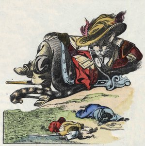Illustrazione del racconto "Il terribile Raminagrobis e i topi". Personaggio tratto dalle favole di Jean de la Fontaine. In "Racconti dalla casa per i piccoli". Incisione anonima del XIX secolo da Unknown artist