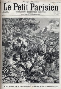 Nelle colonie francesi: la marcia della colonna del generale Joseph Joffre (1852-1931) e del suo esercito di spahis su Timbuktu (Mali). Incisione in "Le Parisien" da Unknown artist