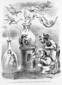 Nel laboratorio alchemico degli associati Garibaldi e Cavour vediamo gradualmente dissiparsi il vapore inutile (rappresentato dalle maschere delle regioni italiane), e rimanere la sostanza (Italia) caricatura del giornale satirico Il Fischietto da Unknown artist