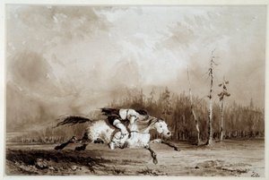 Un cavallo al galoppo che trasporta un uomo legato da Unknown artist