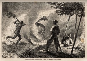 Indigeni kanak accendono un fuoco di savana, che essi stessi hanno acceso per cacciare le zanzare, sotto gli occhi del narratore e del suo compagno di viaggio. Incisione per illustrare il viaggio in Nuova Caledonia dal 1863 al 1866, di Jules Garnier, ingeg da Unknown artist