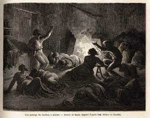 Dentro una locanda Caribou (Canada), a mezzanotte, trappolatori e minatori ubriachi cantano, poi cadono a terra o si addormentano in una coperta. Incisione per illustrare il viaggio dall