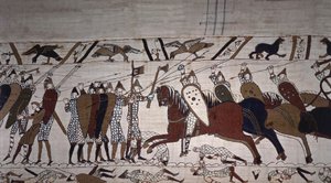 Intendente Wadard (a cavallo) e gli uomini della truppa di Guillaume - Arazzo di Bayeux, noto come Ricamo della Regina Matilde da Unknown artist