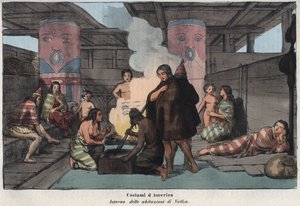 Interno di una grande casa comune a Nootka Sound, con abitanti che fumano e asciugano pesce, dormono e si prendono cura dei bambini - (Isola di Nootka) - "Interno di un