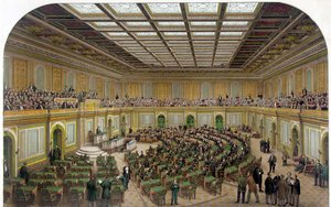 Veduta interna della Camera dei Rappresentanti del Campidoglio degli Stati Uniti che mostra il Congresso in sessione e gli spettatori nella galleria - Incisione 1866
