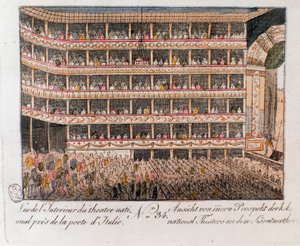 Veduta interna del Teatro Nazionale vicino alla Porta Italiana a Vienna, Austria. Incisione del 1815 Collezione privata