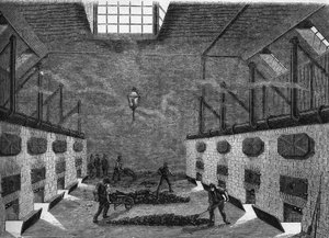 Vista interna di una fabbrica di gas. Incisione del 1860-1861