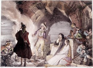 Briganti italiani. I banditi, alcuni bevono altri dormono. Incisione del XIX secolo. Parigi, B.N.
