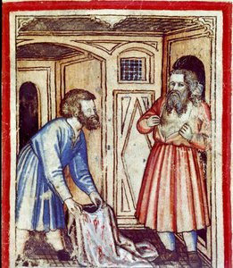 Giacobbe apprende della morte del figlio Giuseppe, venduto dai suoi fratelli agli Egiziani Miniatura dal codice 212 (o padovano o Bibbia di Padova) 1390-1400 Rovigo, Accademia dei Concordi