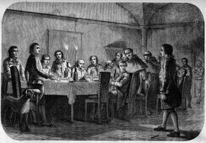 James Boswell (1740-1795) scrittore e avvocato scozzese, figlio di Lord Alexander Boswell ricevuto durante un incontro a un pasto dato da Pascal (Pasquale) Paoli. In "Pasquale Paoli ossia la rotta di Pontenuovo" di F.D. Guerrazzi. 1872. da Unknown artist