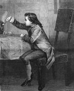 James Watt (1736-1819) bambino scopre le leggi del vapore. Incisione del 1868 secondo il dipinto di Marcus Stone