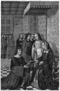 Jean Marot, poeta (1463-1526), offre un volume di poesie alla regina Anna di Francia. Incisione del XIX secolo. da Unknown artist