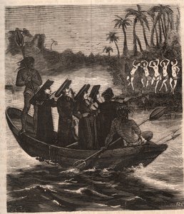 Missionari gesuiti arrivano in barca tra gli indiani Guarani in Paraguay nel 1553 - Incisione del 1879 in 