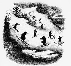 Giochi del Nord: sciatori che scendono una pista - incisione, fine XIX secolo da Unknown artist