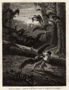 Job (compagno di viaggio del redattore), attaccato da avvoltoi. Incisione per illustrare il racconto Quattro mesi in Florida, di M. Pousselgue, nel 1851-1852, pubblicato in "le tour du monde", a cura di Edouard Charton, Hachette, Parigi 1869 da Unknown artist