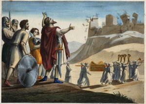 Giosuè davanti alla città di Gerico (la prima città presa da Giosuè e dagli ebrei durante la conquista della Terra Promessa). Le mura crollano al suono delle trombe (incisione anonima del XIX secolo) da Unknown artist
