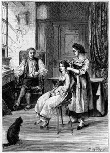 Josue Heilmann, inventore francese, osserva le sue figlie pettinarsi. Si ispirò a questa scena per creare il pettine meccanico nel 1843. Incisione in 