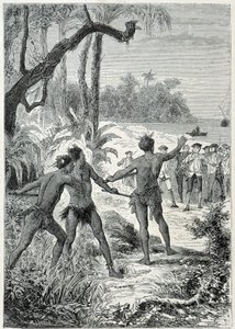 Viaggio del Capitano James Cook (1728-1779) in Nuova Guinea: il primo incontro con i nativi, illustrazione tratta da 