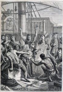 Viaggio di Samuel Wallis (1728-1795) in Polinesia: indigeni stupiti da uno specchio - illustrazione tratta da “I grandi marinai del XVIII secolo” da Unknown artist