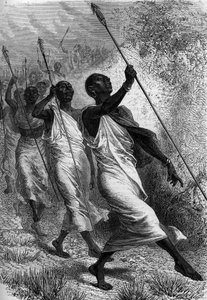 Kabba Righe, re di Ounyoro (in Africa), e il suo seguito. Incisione in "Le Journal de la jeunesse" da Unknown artist