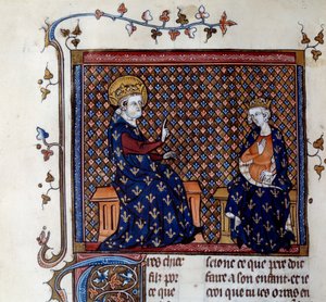 Re Luigi IX (1214-1270) insegna al maestro del re a suo figlio, futuro Filippo III Miniatura da un manoscritto del XIV secolo. Chantilly, Museo Condé da Unknown artist