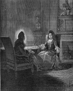 Re Luigi XIV (1638-1715) parla con la sua futura moglie, Madame de Maintenon (Françoise d
