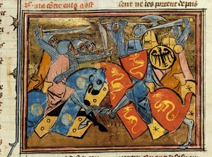 Cavalieri in combattimento. Miniatura tratta da 