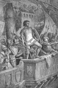 Canuto il Grande (Canuto I) (994 o 995-1035) - Gli uomini di Canuto il Grande sul ponte di Londra, sotto attacco di Olaf II di Norvegia - Incisione in "Kaiser, König und Papst" di Richard Roth da Unknown artist