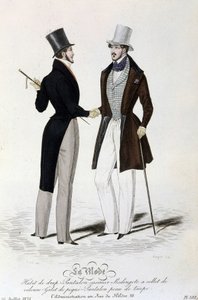 La Moda del 26 luglio 1834: (moda maschile) abito a foglio - pantaloni casimir - Redingote con colletto di velluto - gilet di piqué - pantaloni in pelle di talpa e cilindro da Unknown artist
